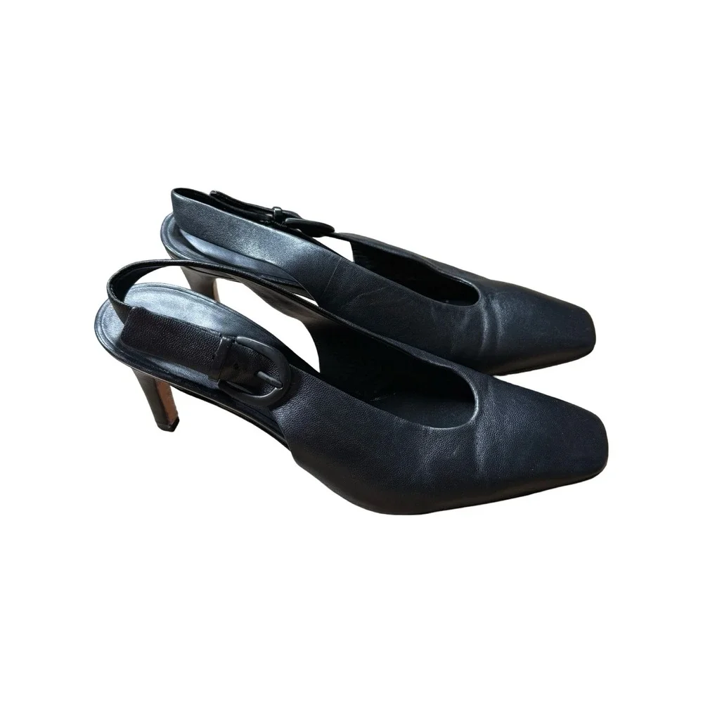 Vince Black‎ Leather Square Toe Slingback Pumps Heels Womens Size 9M 40